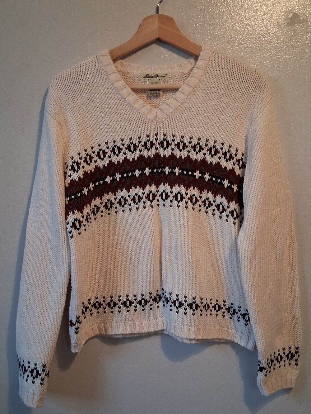 Eddie Bauer Cream Fair Isle V Neck Sweater Cotton